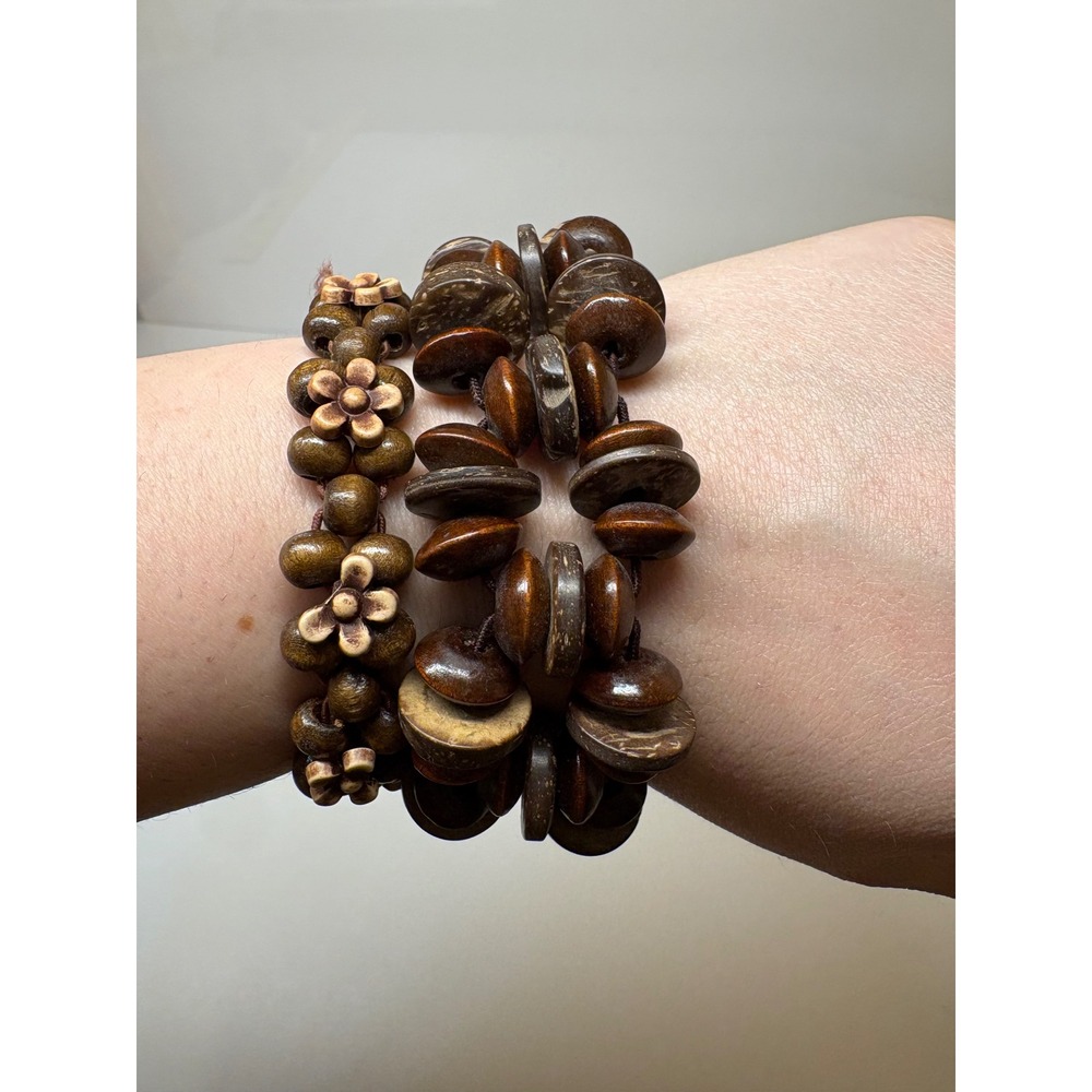 Brown Natural Wood Bead Stretch Bracelet Set Floral & Disc Boho 2pc